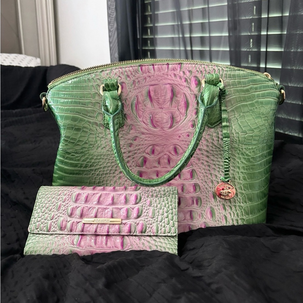 Green and Pink Crocodile Embossed Women's Brahmin Set